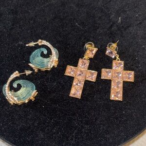 Gold-Tone Pink Crystal Cross Drop Earrings